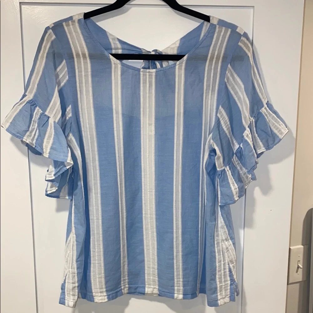 Blue Striped Ruffle Sleeve Top - Picture 2 of 5